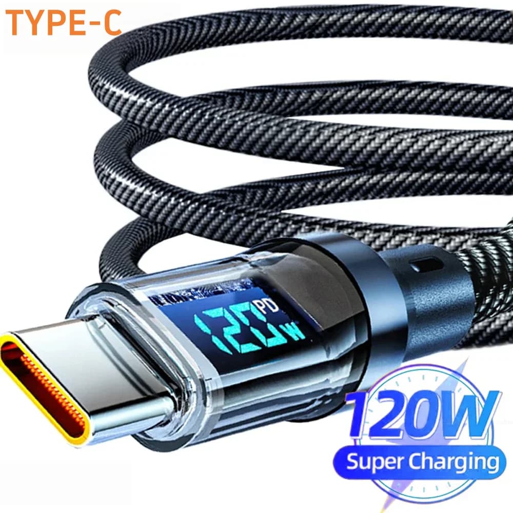 Cavo di ricarica super veloce da 120W con display digitale in tempo reale, da USB A a Type C, per iPhone, telefoni Android, universale