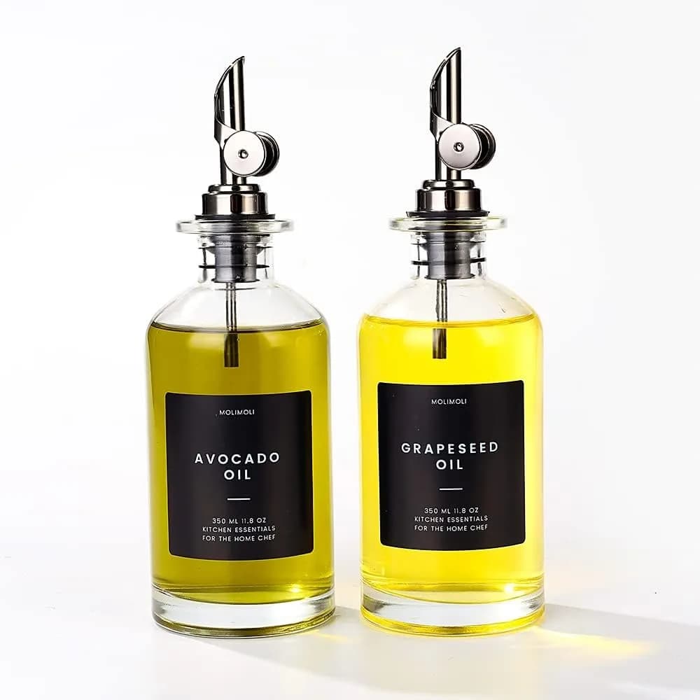 Dispenser per olio e aceto con beccuccio in metallo, vaso per olio a prova di perdite, contenitore per condimenti, dispenser per bottiglie di vetro da cucina