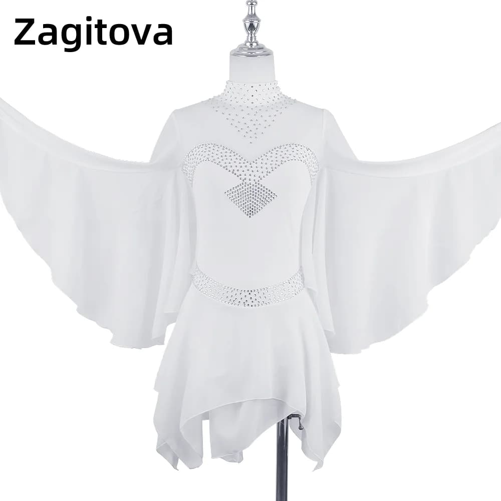ZAGITOVA Abito da pattinaggio di figura Gonna da pattinaggio su ghiaccio a maniche lunghe da donna Gonna a rete con strass ad ala bianca