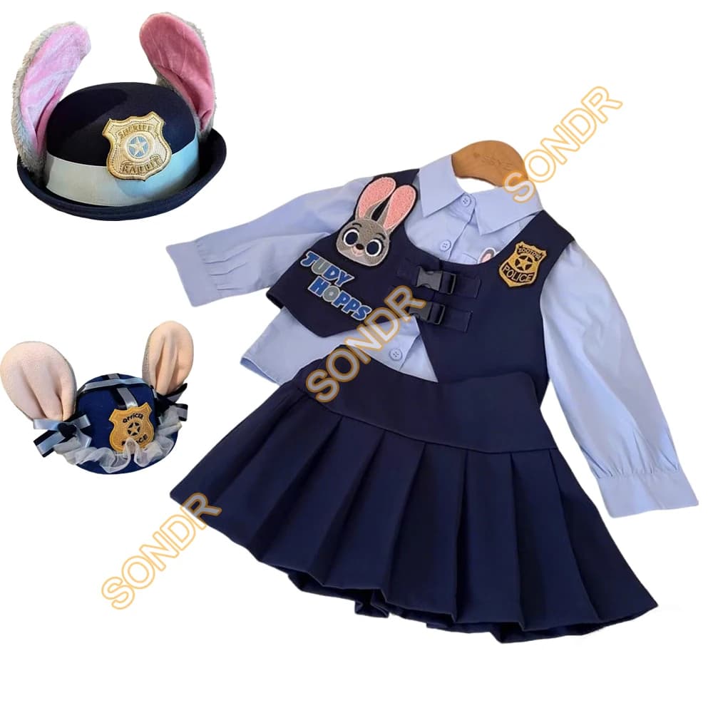 Cosplay Costume by Judy Hopps by Animal Funny 2, Police Uniforms, Blue vest, Shirt, Skirt, Size 90-140, Halloween Party Dresses for Girls