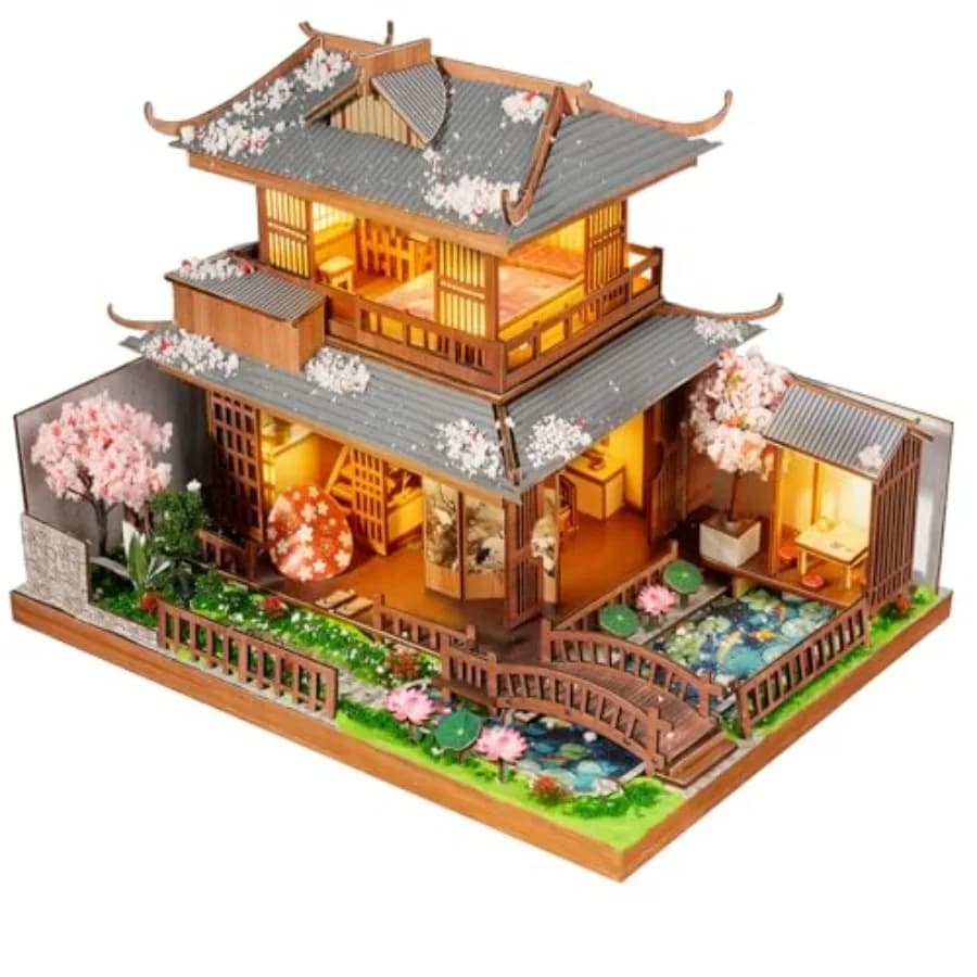 Kit Fai-da-Te per Costruzione di Mini Case per Adulti, Puzzle 3D Casa Giapponese con Fiori di Ciliegio, Miniatura in Legno, Decorazione Unica per Casa delle Bambole
