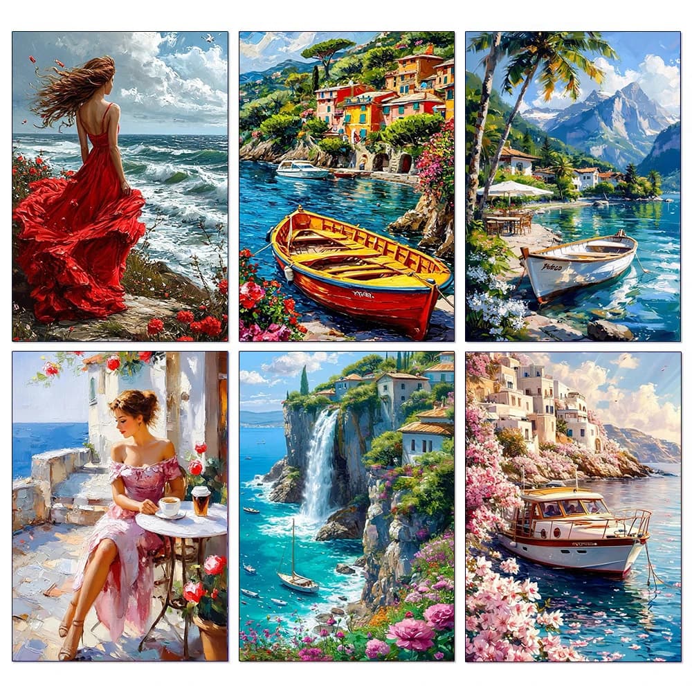 Seaside Woman Diamond Painting Sailboat Landscape Full Rhinestone Mosaic Cross Stitch Art DIY Living Room Decoration Painting