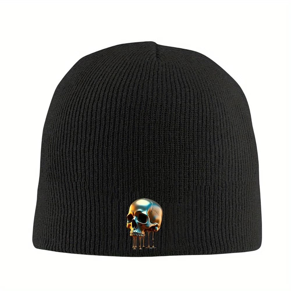 Cappello a cuffia con teschio dorato metallizzato Cappello con teschio invernale unisex per festa horror gotica per uomo Donna Cappello lavorato a maglia per climi freddi Mantieni caldo