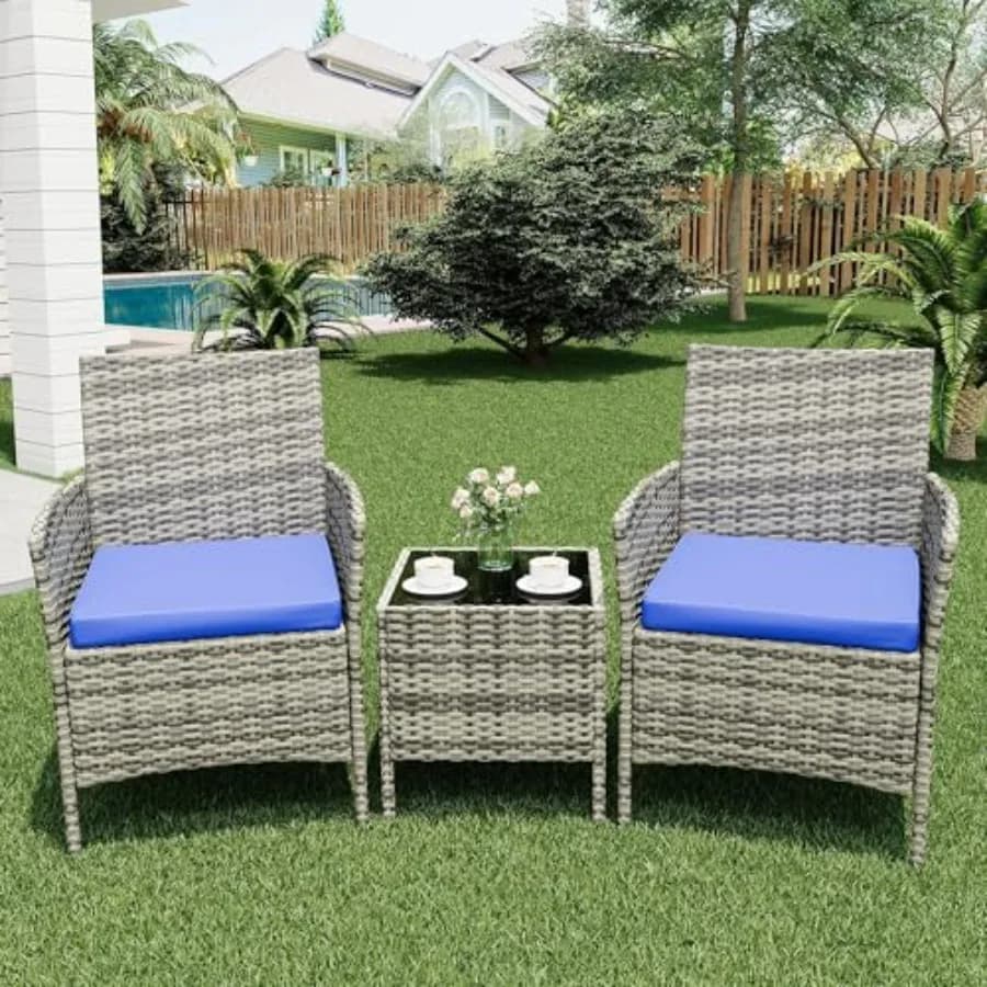 Set di Mobili da Giardino 3 Pezzi, Sedie in Rattan con Tavolo in Vetro e Cuscini Grigio-Blu per Veranda, Balcone, Cortile e Giardino