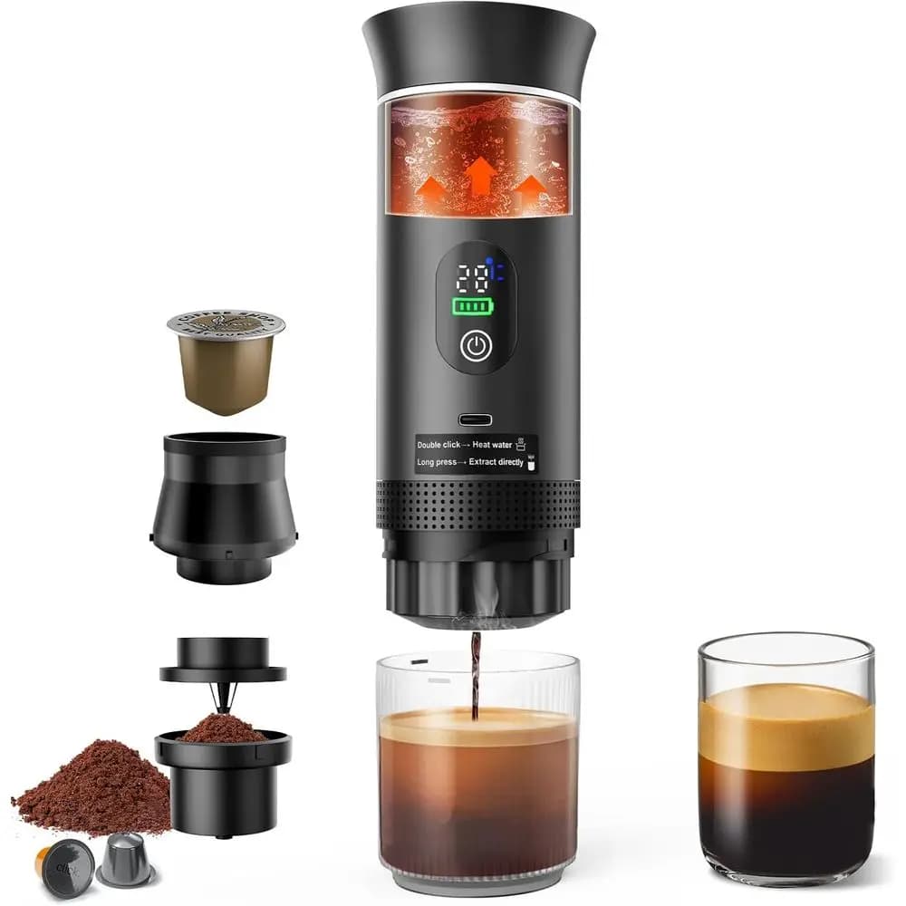 Macchina da Caffè Portatile Ricaricabile per Viaggi, Mini Macchina per Espresso da 20 Bar, Preparazione Elettrica 3-in-1 con Autoriscaldamento, Alimentazione USB-C
