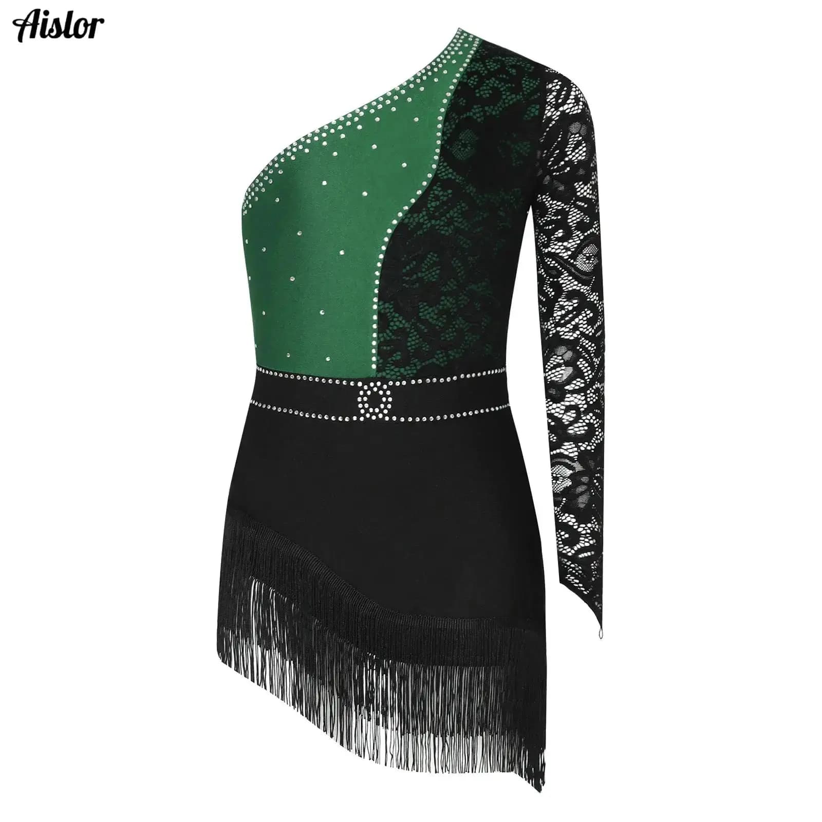 Kids Girls Jazz Latin Dance Dress Shiny Rhinestones Lace One Long Sleeve Tassels Dancewear Samba Rumba Cha Cha Dance Costumes