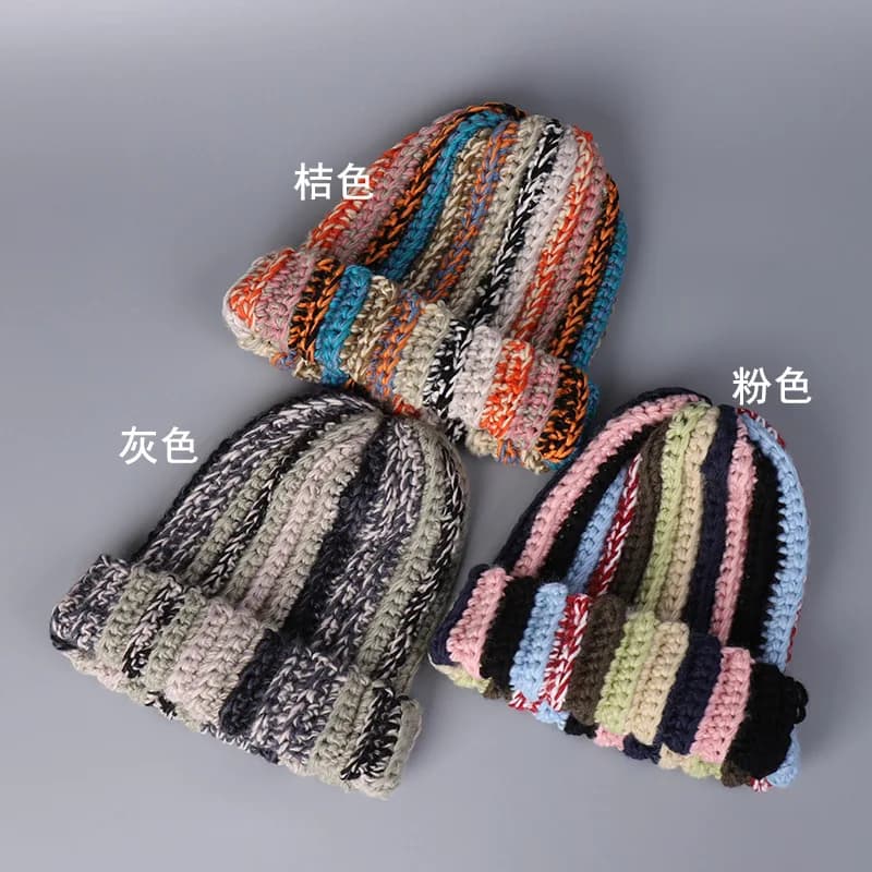 Japanese Style Women Handmade Stick Needle Knitted Wool Hat Men Winter Warm Ear Protection Colored Wool Striped Beanie Hat