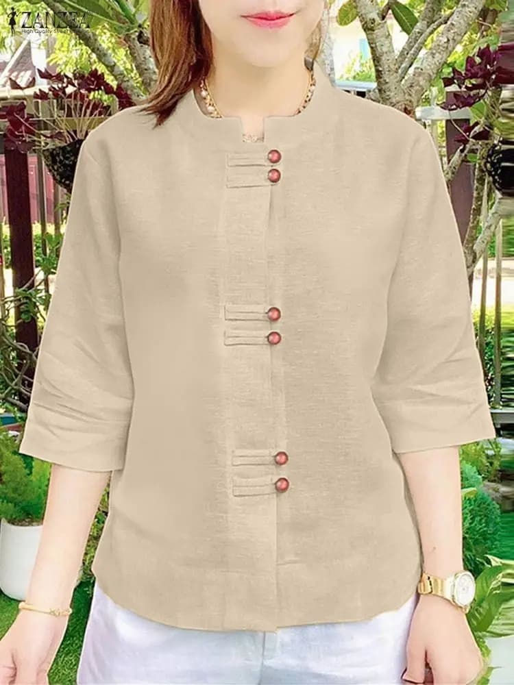 Camicie Vinatge ZANZEA Camicetta di cotone femminile Camicia autunnale Donna Stand Neck Manica 3/4 Top da lavoro Casual Bottoni solidi Blusas 2025