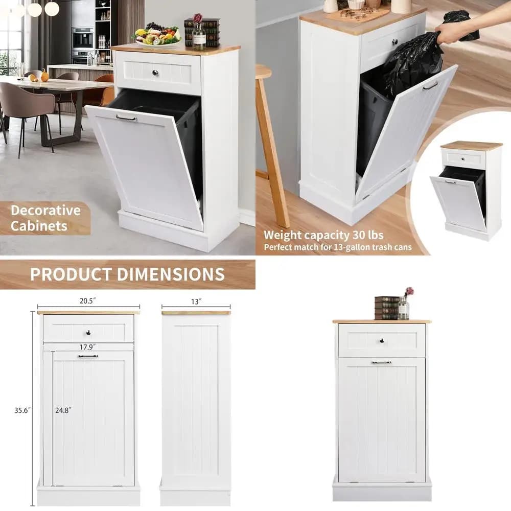 Isola da Cucina in Stile Antico con Piano in Legno Massello e Cestino per Rifiuti Resistente agli Animali Domestici, Mobile Bianco a Una Porta per Lavanderia