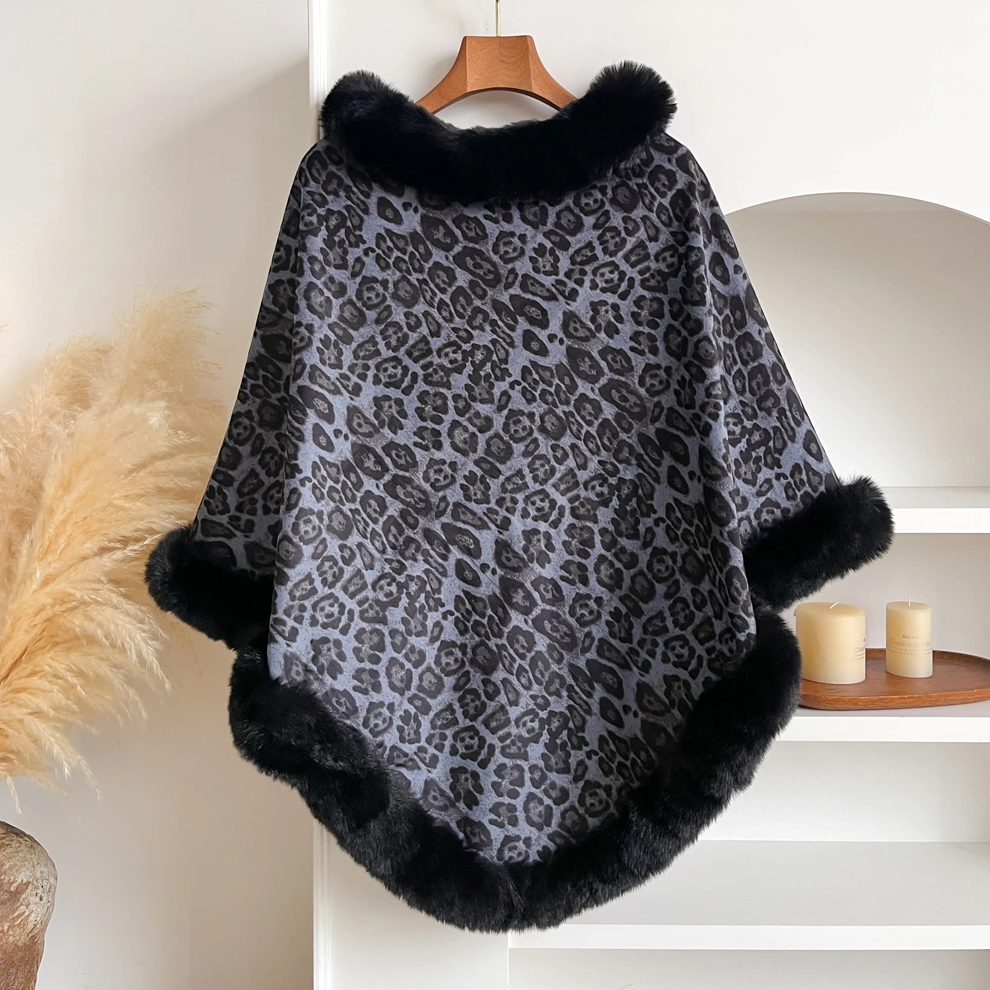 Cappotto poncho in pelliccia di coniglio sintetica con stampa leopardata per donna, spesso, caldo, soffice fodera, pullover, mantello, scialle avvolgente alla moda invernale