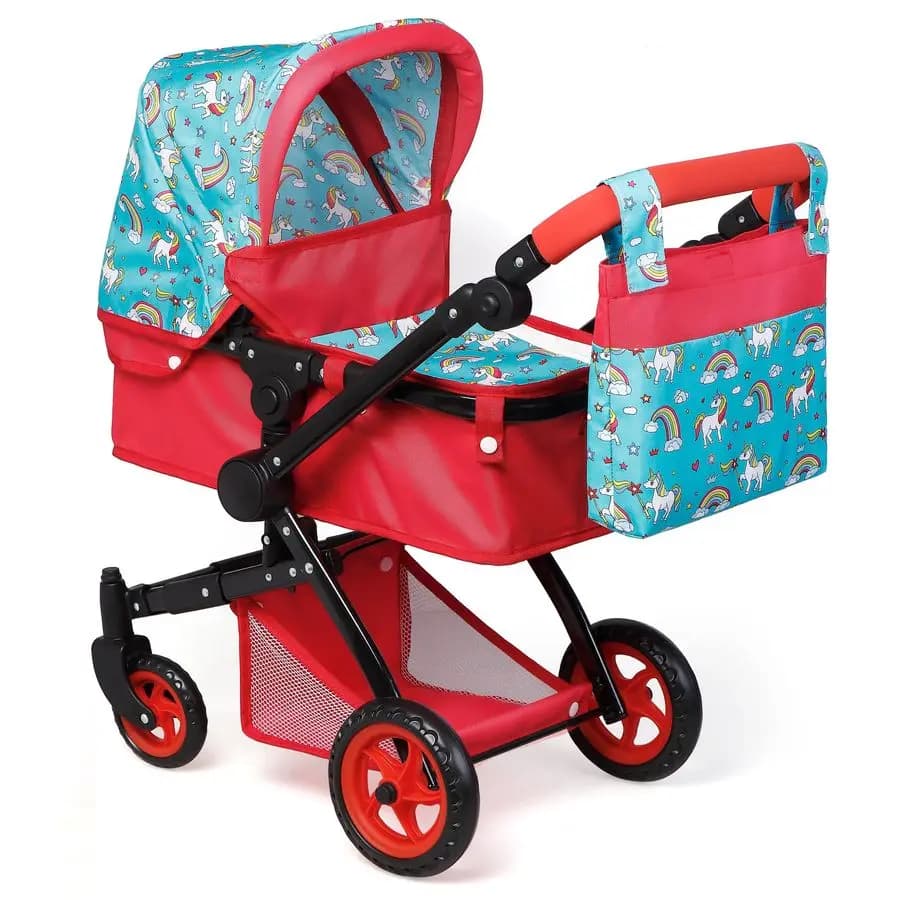 Passeggino per bambole Fash n kolor, carrozzina pieghevole per bambole con grazioso design a unicorno, passeggino giocattolo con ruote girevoli, regolabile