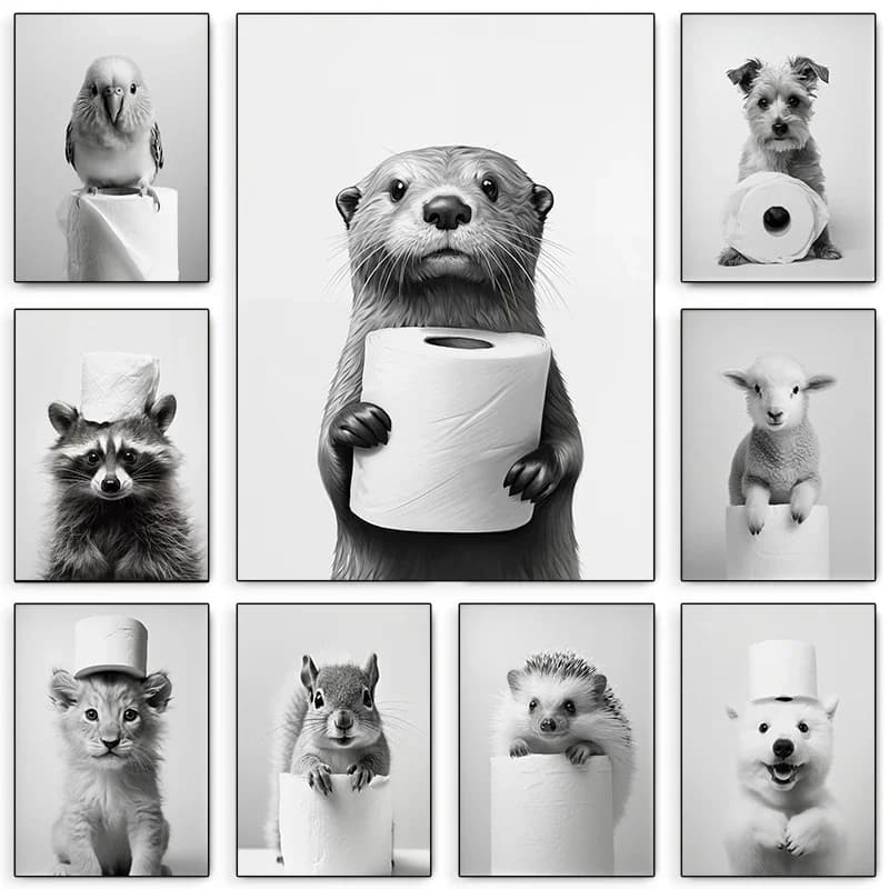 Retro Black White Animal & Toilet Paper Poster Lion Owl Cat Dog Canvas Prints for Living Room Bathroom Living Room & Home Decor