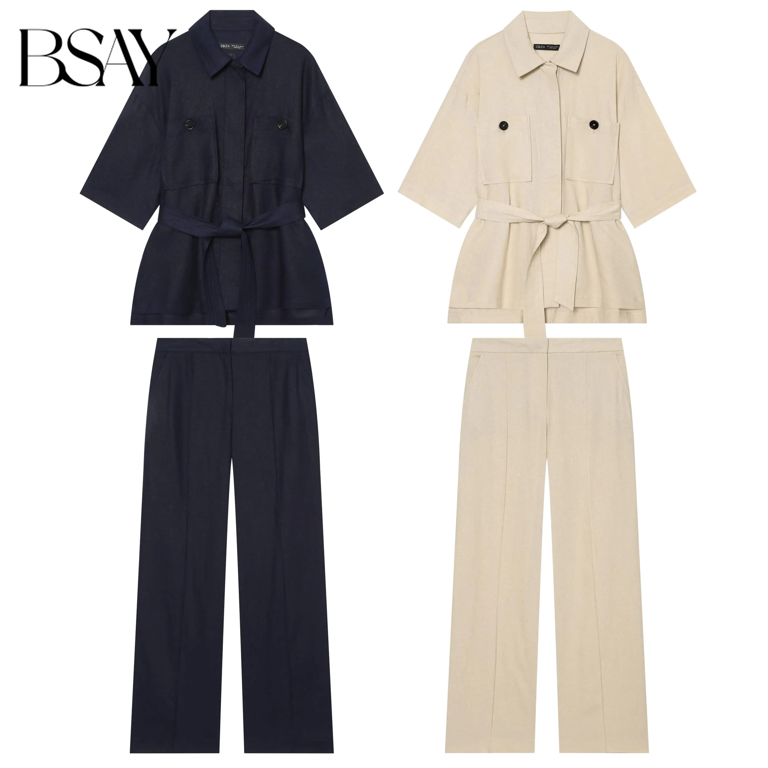 Completo da Donna BSAY alla Moda: Top a Maniche Corte con Cintura e Pantaloni a Gamba Larga a Vita Media