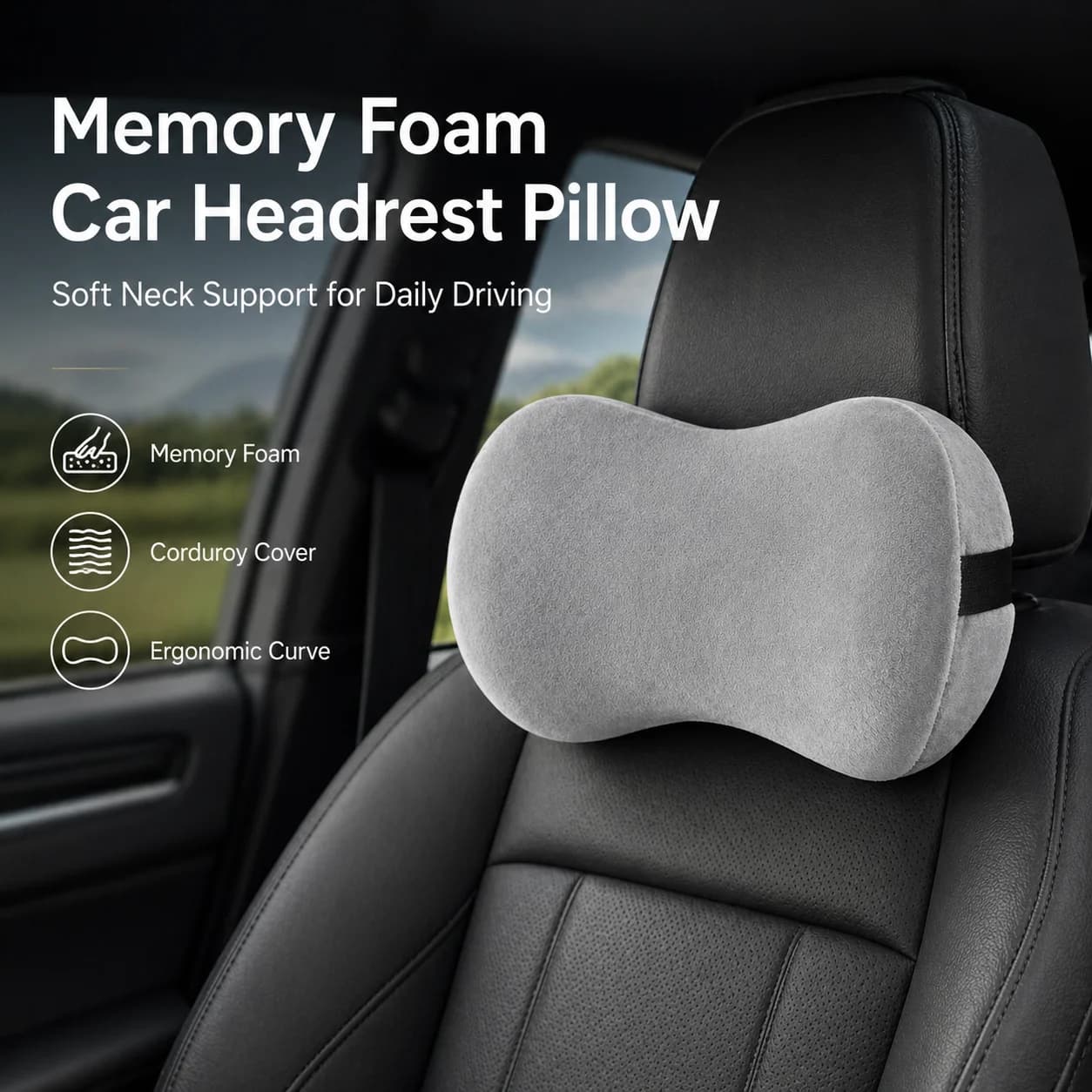 Cuscino per il Collo in Memory Foam per Auto, Morbido Poggiatesta in Velluto a Coste, Cuscino di Supporto Universale per Sedile Auto con Cinghia Regolabile