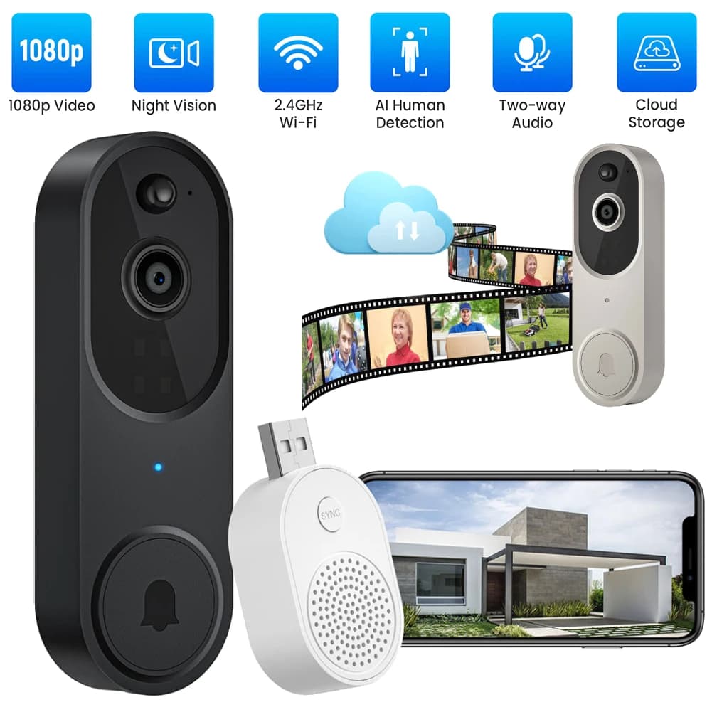 Videocamera per campanello wireless 1080P WiFi Campanello per porta intelligente Citofono wireless esterno Telecamera wireless impermeabile per ufficio domestico