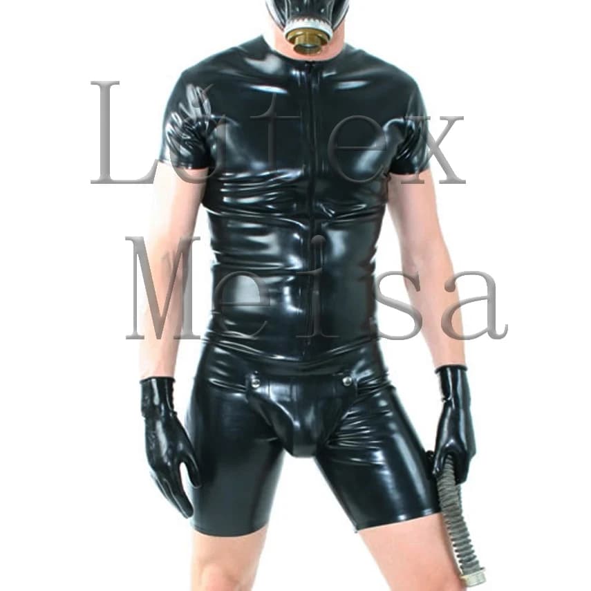 Set di abbigliamento in lattice nero attillato, inclusa maglietta con zip e corta con codpiece e guanti a 5 dita