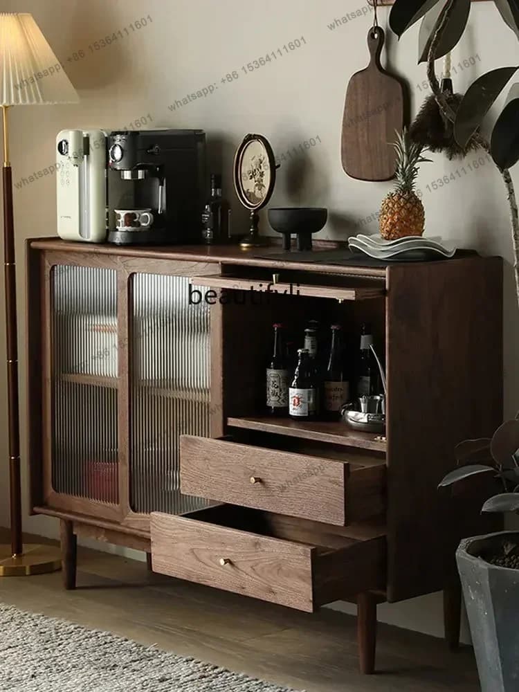 yj5 Credenza in legno massello di noce nera Soggiorno Armadietto per vino in ciliegio Armadietto in vetro