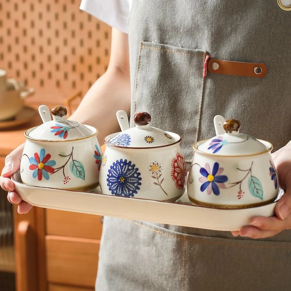 Set di barattoli di spezie riscaldabili in ceramica, resistenti alle alte temperature, barattoli di sale, noci, coperchio, cucchiaio, cucina, nuovo stile cinese