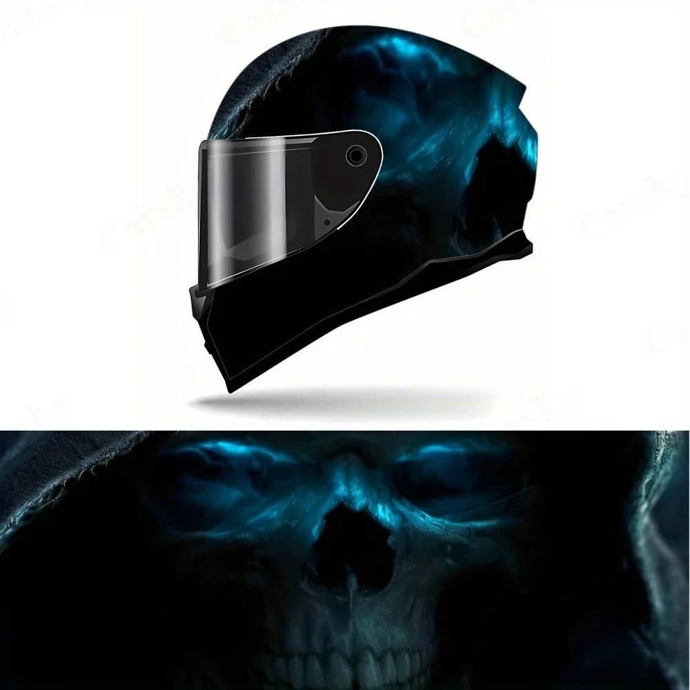 Adesivo per casco da motociclista con teschio blu fantasma: decalcomania in PVC impermeabile, facile applicazione, resistente ai graffi, adatto per casco integrale