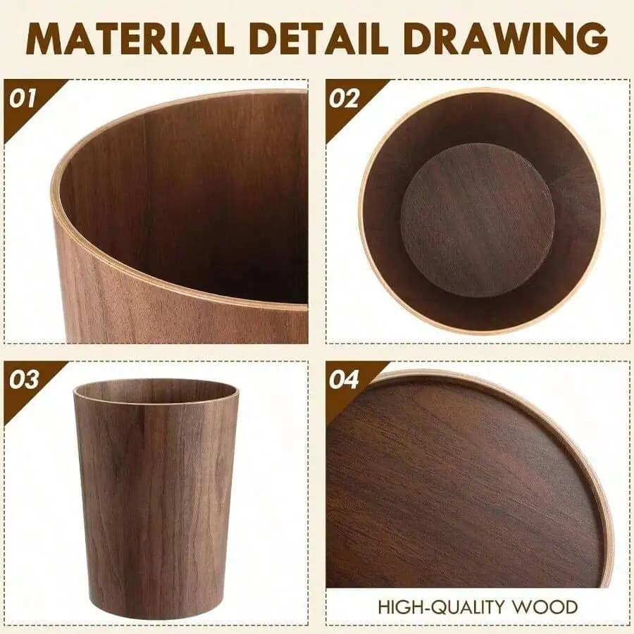 2 Pack 8.7L Wooden Trash Can Round Wastebasket Small Bin For Home Office Kitchen Bedroom
