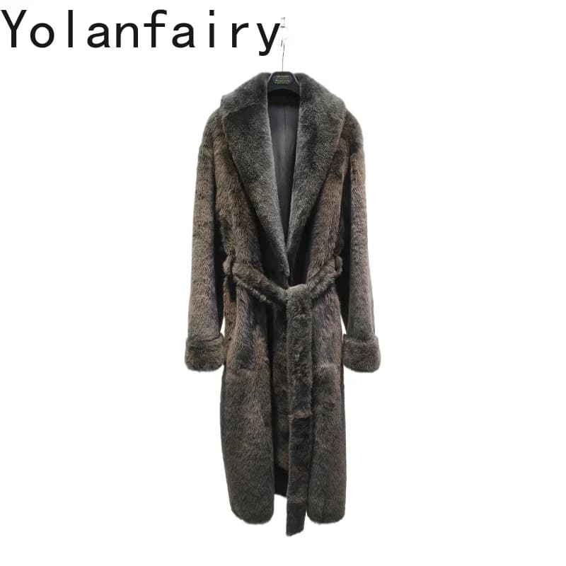 YOLANFAIRY Natural Lamb Shearling Integrated Fur Coat Women Bath Robe Style Casual Warm Real Fur Jacket Long Fur Coats Outerwear