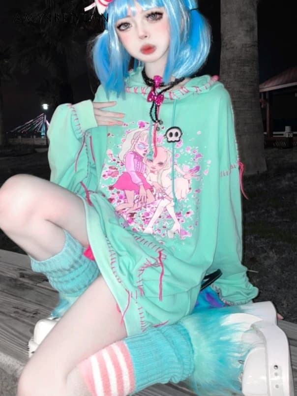 Harajuku Style Gothic Handmade Knitted Tassel Patchwork Hoodies Women Japanese Anime Print Sweet Cool Girl Oversized Hoodie