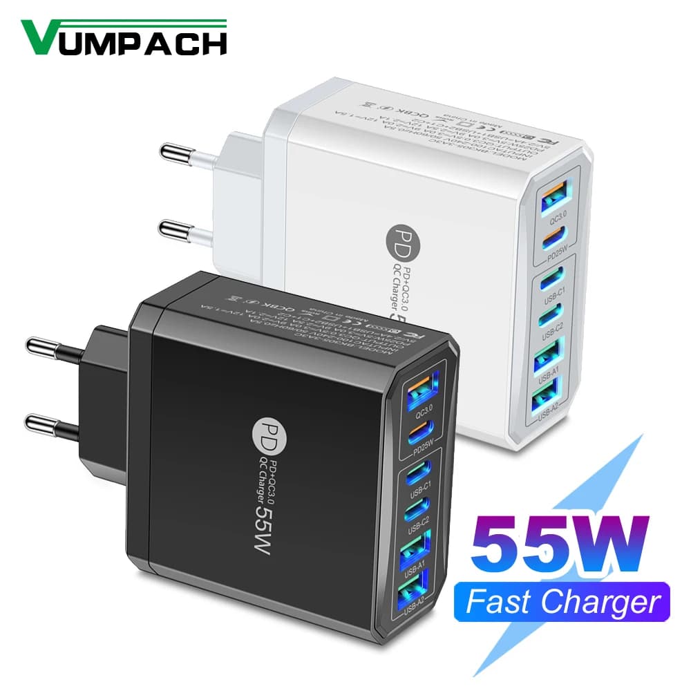 Caricatore da viaggio QC3.0 a ricarica rapida da 55 W 3 USB 3 PD per iPhone 15 14 Adattatore per telefono cellulare Samsung Xiaomi Spina EU KR US UK