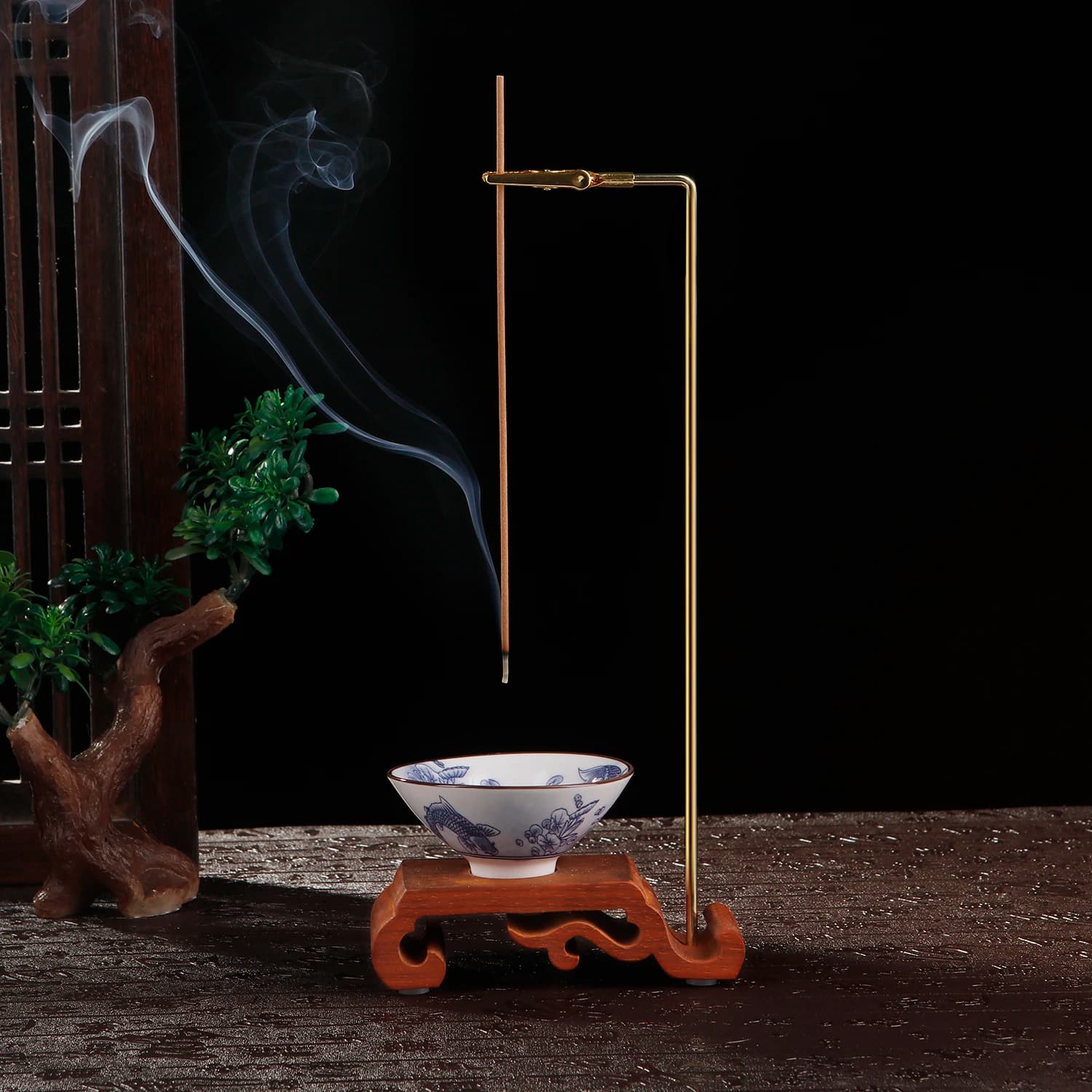 Portaincenso in palissandro per bastoncini Bruciatore di incenso capovolto con raccoglitore di cenere in porcellana Forniture per buddismo Decorazioni per la casa