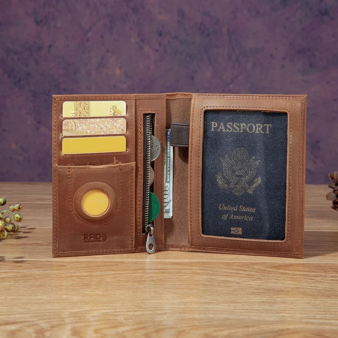 New Vintage Cowhide Leather Passport Holder RFID Blocking Travel Wallet With Item Tracker Slot Zipper Coin Pocket Card Holder