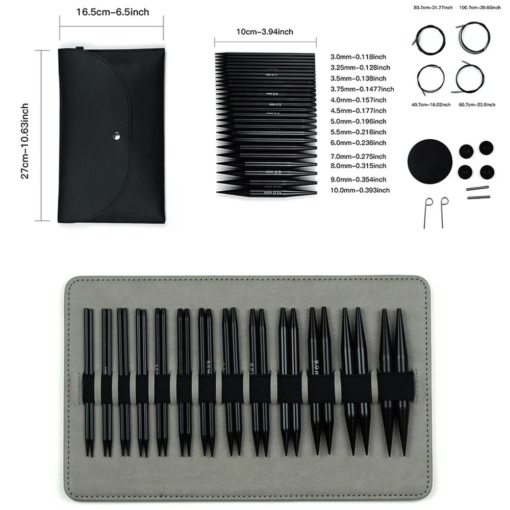 Set di Ferri Circolari Neri Staccabili in Ossido di Alluminio Multifunzione per Maglieria, Lunghi 10 cm, con Manicotti Intercambiabili, Misure da 3.0mm a 10mm, Kit di Ferri Circolari per Maglieria con 13 Specifiche