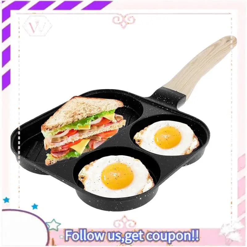 Y74A-Pentola per friggere le uova 3 in 1, antiaderente, con manico in legno, per omelette e colazioni