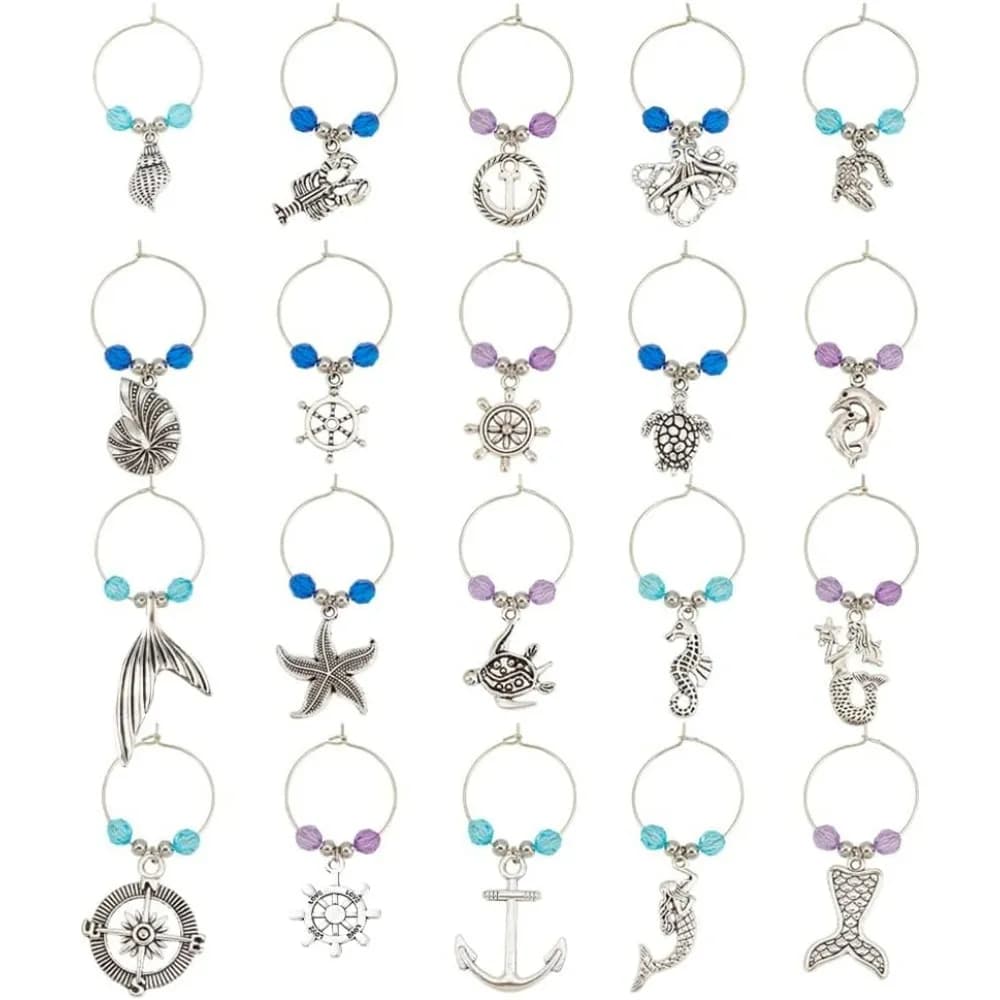 20 set spiaggia tema bicchiere di vino fascino estate sirena barca timone stella marina tartarughe conchiglia lega bevande marcatori etichette identificazione