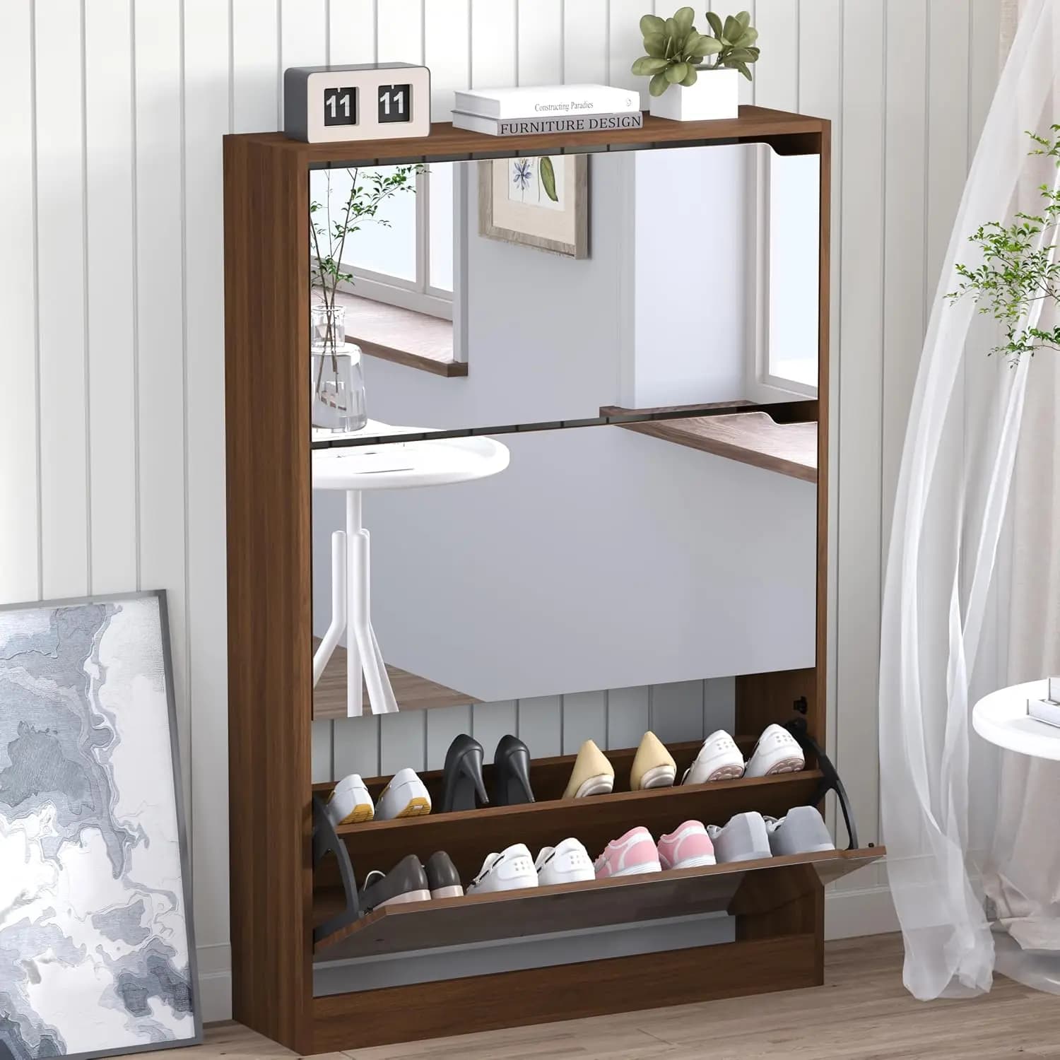 3-Flip Mirror Drawer Shoe Cabinet, Freestanding Narrow Shoe Storage Rack with Concealed Handles, Slim Entryway Organizer for Hallway, Entrance, Bedroom