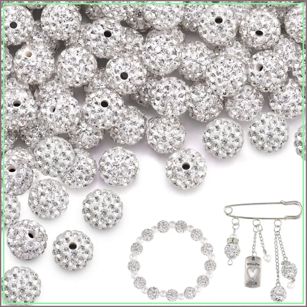 100 pezzi di perline con strass da 10 mm per la creazione di gioielli, perline rotonde bianche lucide per collane, bracciali e orecchini fai da te