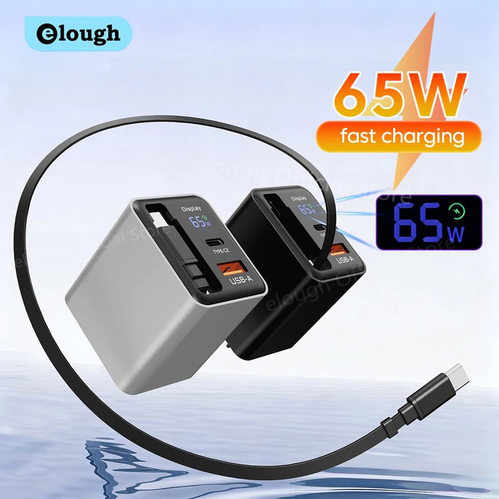 65W GaN USB Phone Charger With Retractable Type C Cable Super Fast Charge Charger Adapter For iPhone 17 Samsung Wall cargadores
