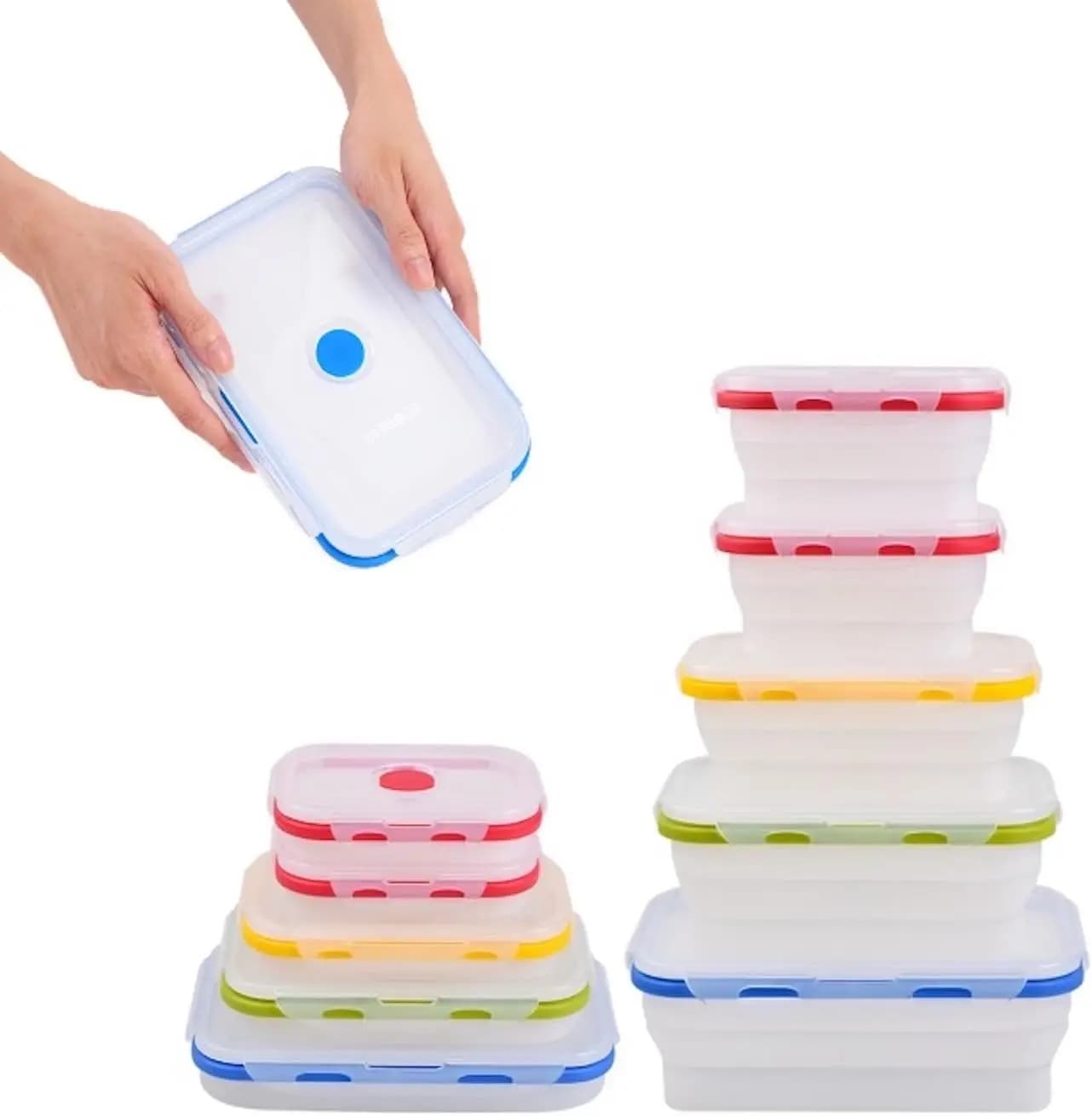 Set of 5 Silicone Folding Containers for Foods, BPA-Free Food Silicone, Shermetic Scatto Covers, Suitable for Microwaves and Freezer