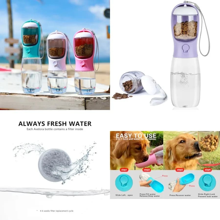 Borraccia per cani con contenitore per cibo, dispenser d'acqua portatile a prova di perdite per passeggiate, escursioni e viaggi, accessori essenziali per cuccioli