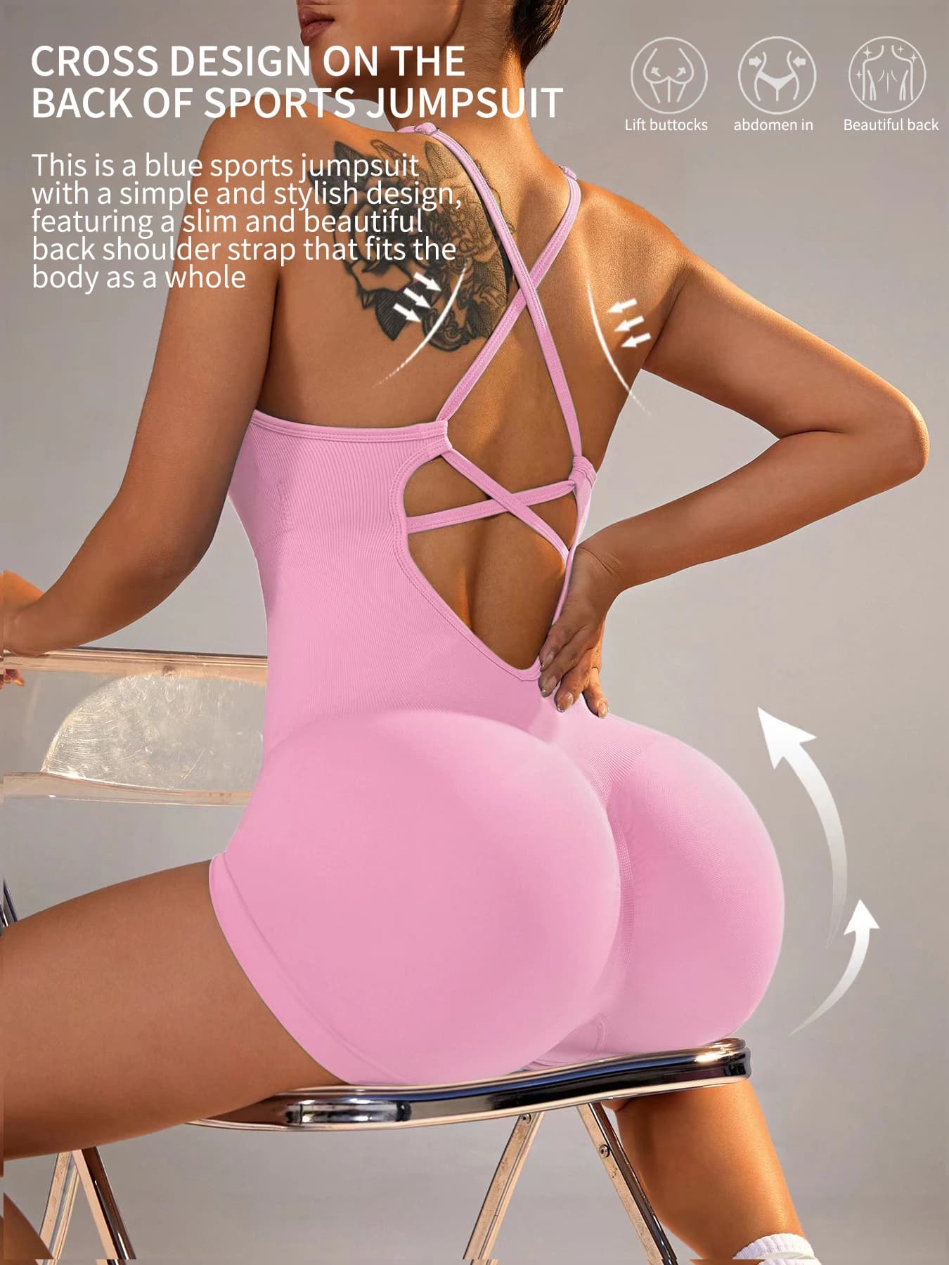 CZGUKE Tuta sportiva sexy da donna con pantaloncini arricciati e design senza schienale, tuta intera da yoga con spalline incrociate regolabili