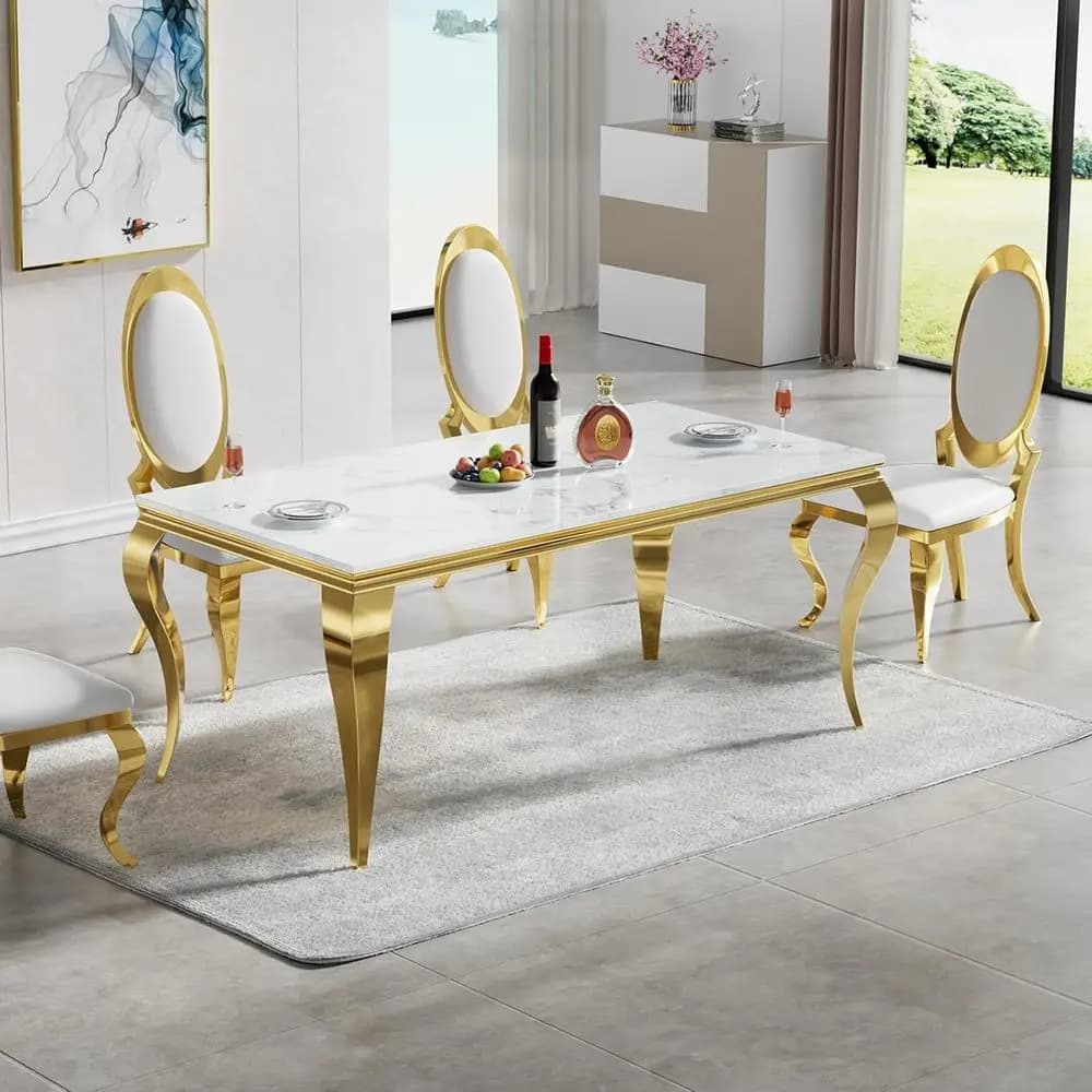 Tavolo da Pranzo in Marmo Bianco con Gambe in Acciaio Inossidabile per Cucina e Sala da Pranzo Moderne