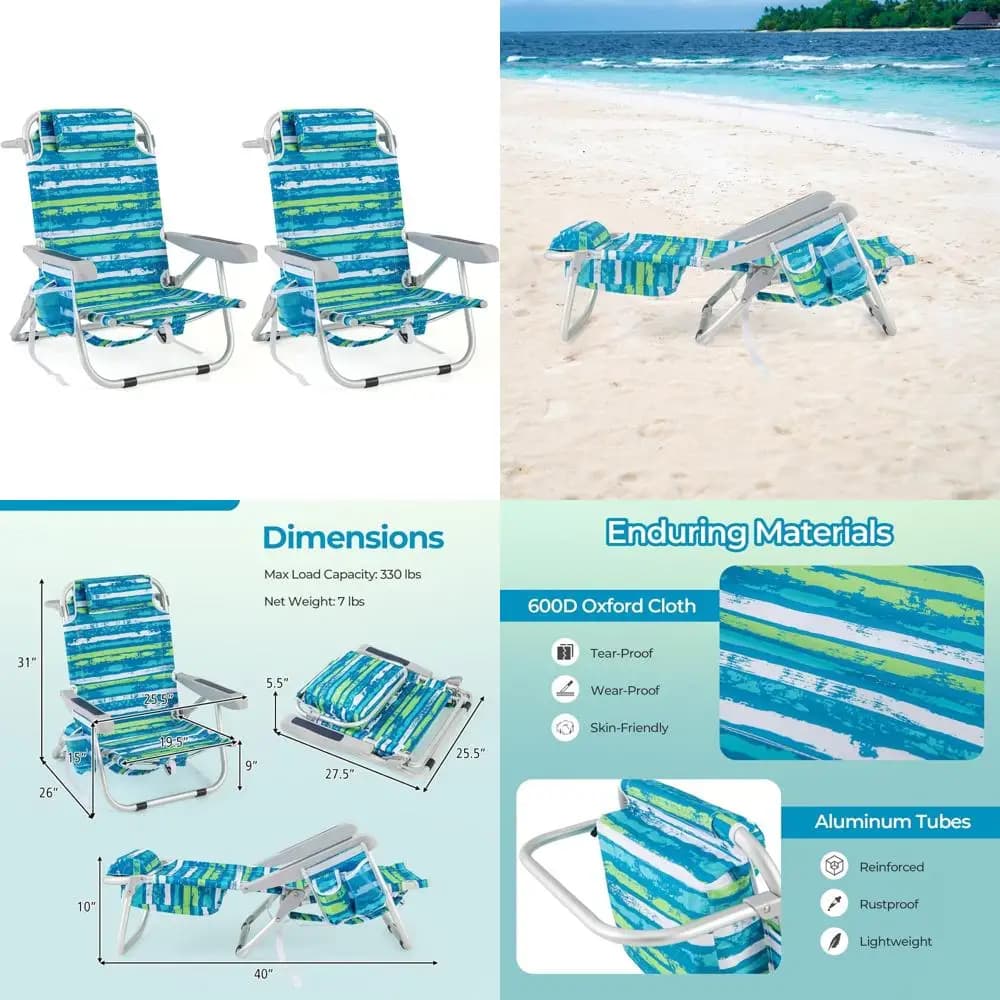 Zaino pieghevole Sedie da spiaggia Confezione da 2 per adulti, 330 libbre, 5 posizioni reclinabili, tasche portaoggetti, portasciugamani e poggiatesta - Portab