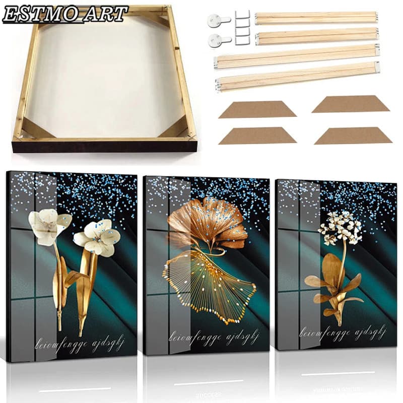 Canvas Prints Green Gold Leaf Luxury Poster With Frame Rich Tree Deer Silk Landscape Wall Art Canvas Painting Picture Modern Abs