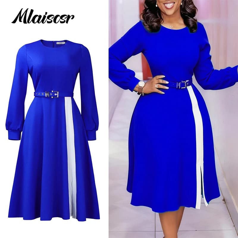 Mlaiscsr Abito da sera elegante da donna a maniche lunghe con scollo a O, linea ad A, con fasce e patchwork di colori, vestito midi, abito africano femminile