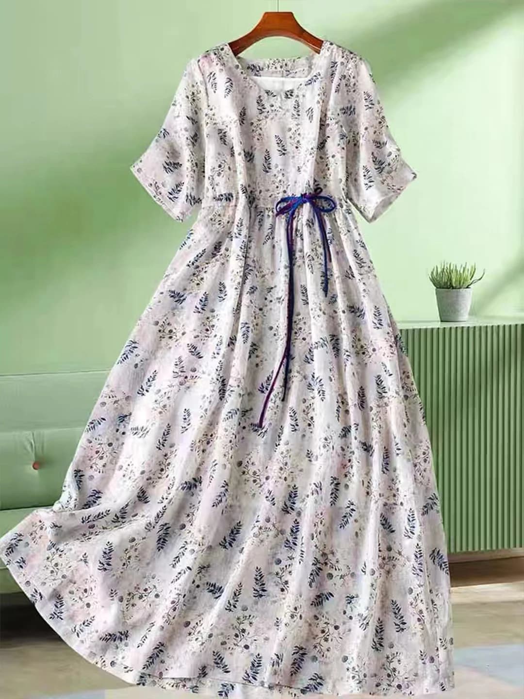 Abito Midi Estivo Floreale in Cotone e Lino da Donna, Modello Svasato con Cintura, Effetto Snellente, Stile Vintage