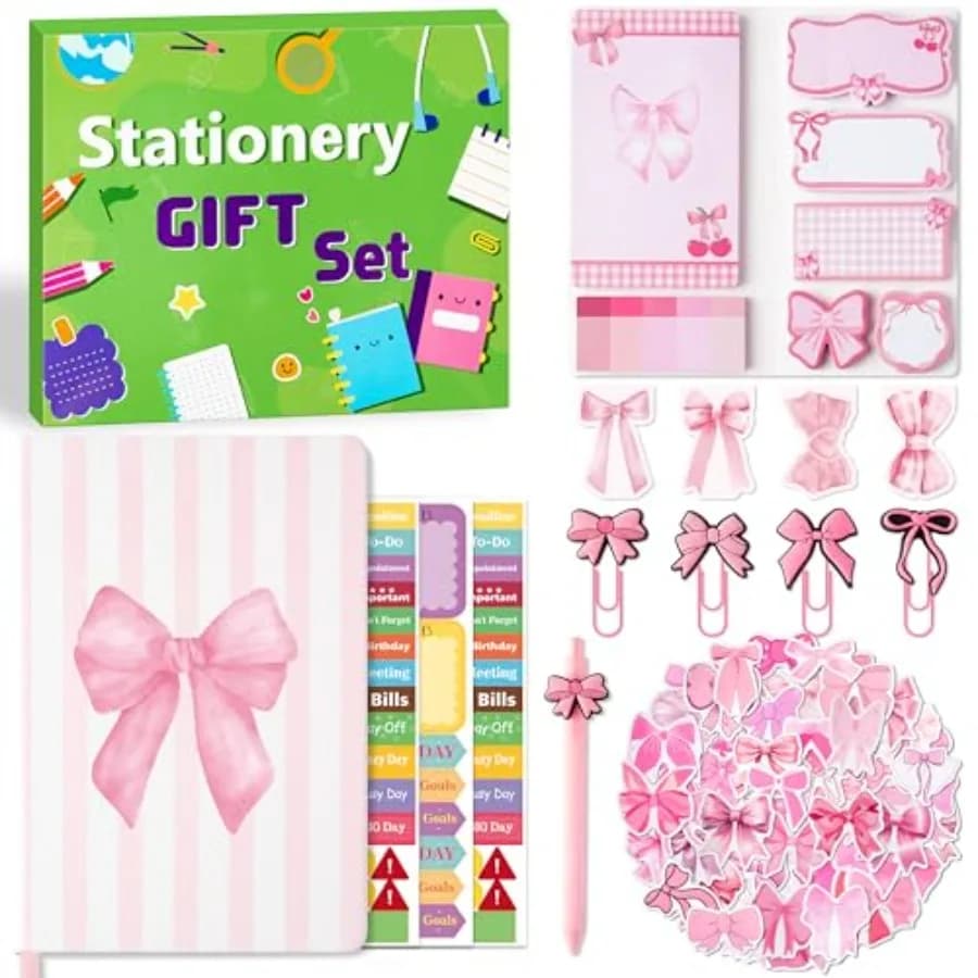 Coquette Pink Bow Stationery Gift Set - Sticky Note A5 Hardcover Ruled Journal Notebook with Planner Sticker Magnet Bookmark Pa