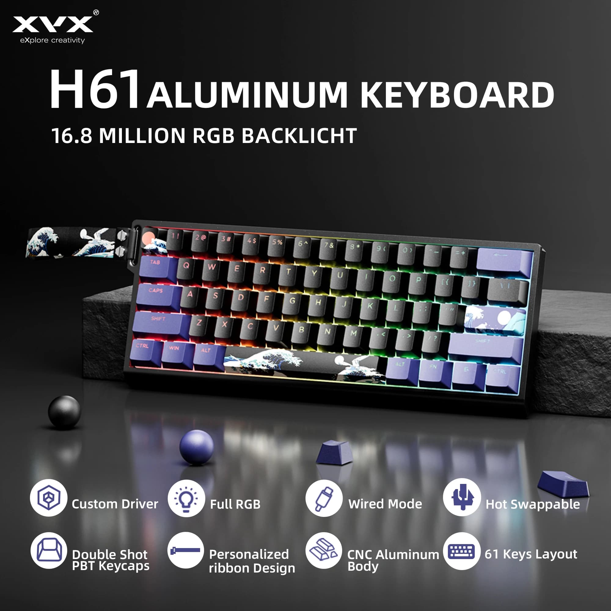 15X H61 60% wired aluminum mechanical keyboard with Kanagawa keys RGB game keyboard replaceable by hot