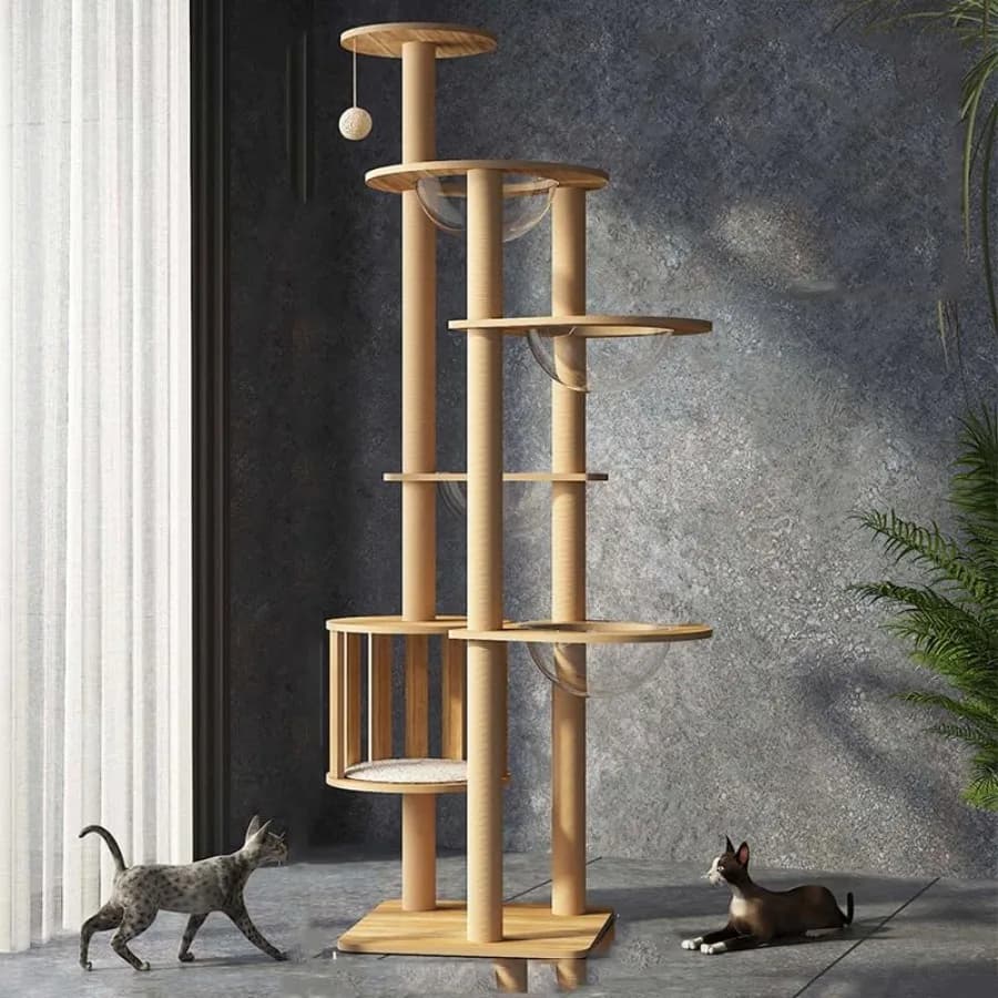 Albero per Gatti da Interno da 72,1 Pollici per Gatti Adulti Grandi, con 4 Ciotole, 12 Pali Tiragraffi in Sisal, 1 Gabbia per Gatti, Postazione Superiore e Palline Giocattolo, in Legno Grande