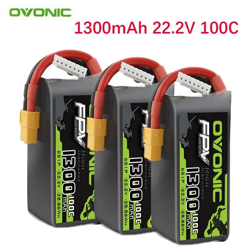 Batteria Lipo OVONIC 100C 1300mAh 22.2V Aggiornata per Elicottero RC, Quadricottero, Drone da Corsa FPV - Ricambi Batteria 6S/22.2V