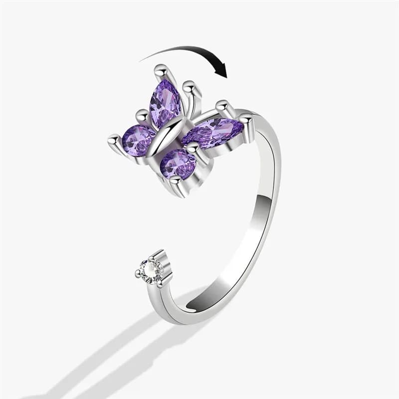 Anello Antistress in Metallo con Zircone Viola a Forma di Farfalla per Donne, Gioiello Antistress per Ragazze