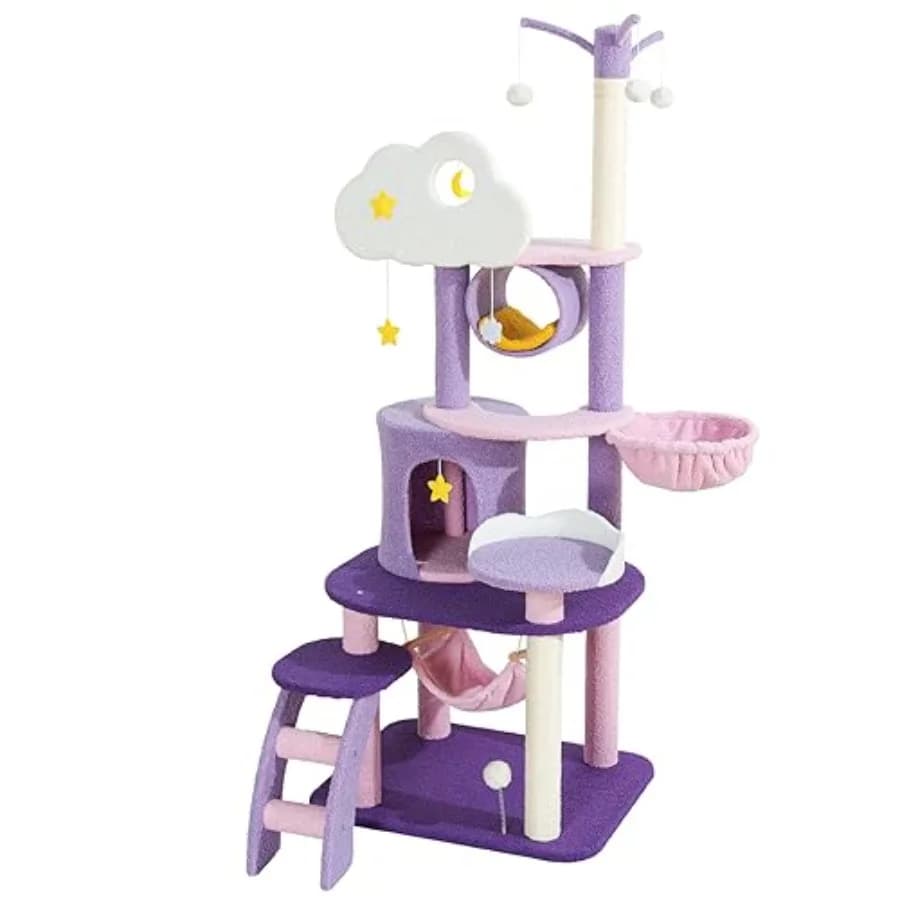 Torre per Gatti Carina e Unica, 65 Pollici, Grande e Alta, per Gatti da Interno, con Nuvola Viola Rosa, Castello, Mansione e Cuccia