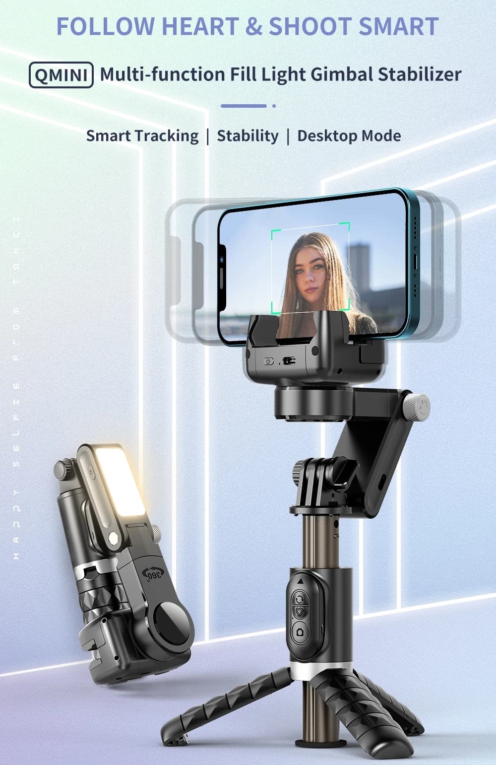 Selfie Stick Tripode Desktop Gimbal Stabilizer Face Tracking Filling Light 360° rotation for live video shooting Aluminum alloy Q18